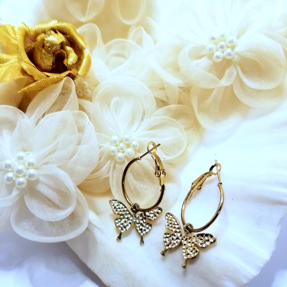 Hammered Butterfly Gold Hoop Earrings